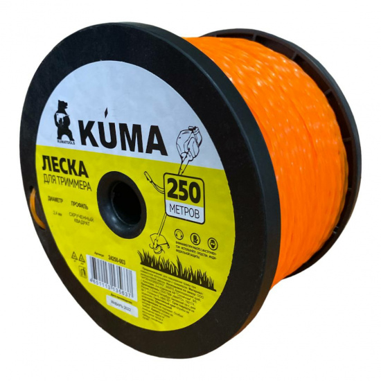 Большое фото товара - Леска для триммеров скрученный квадрат KUMA 2,4мм, 250м (оранжевая), 24250-003. Вариант №1